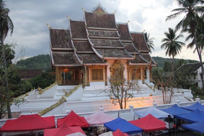 Temple and tents of the night market in Luang Prabang